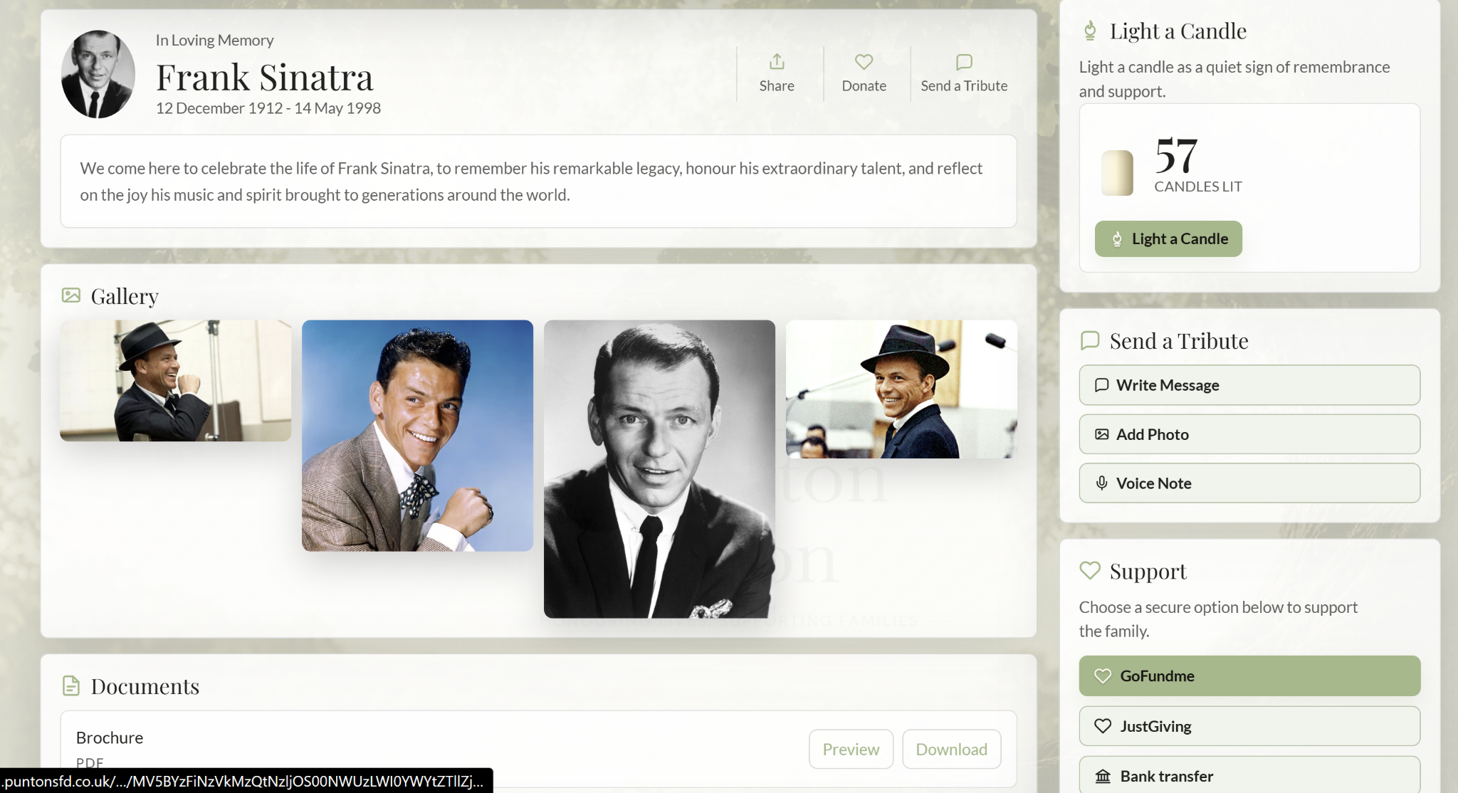 Memorial gallery, documents and family support options