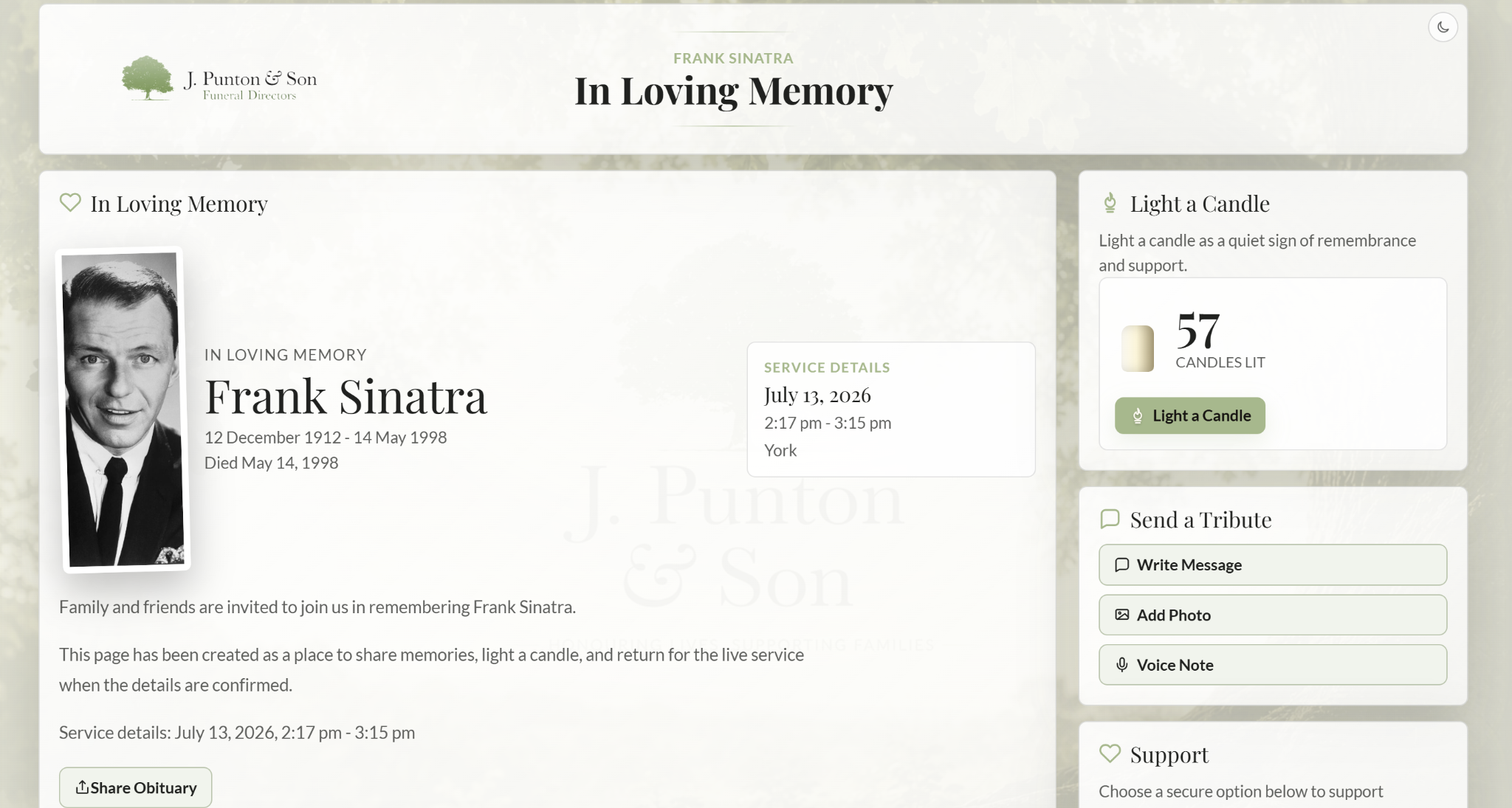 Example fully branded digital memorial page