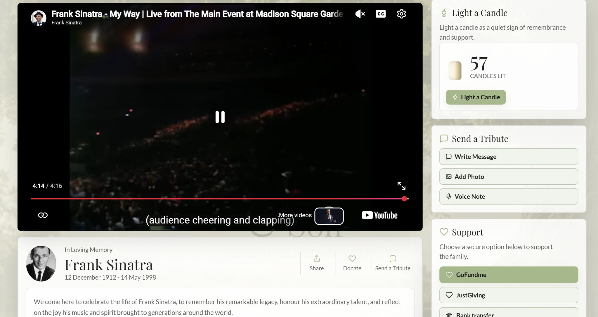 Private live funeral service stream inside a branded memorial page